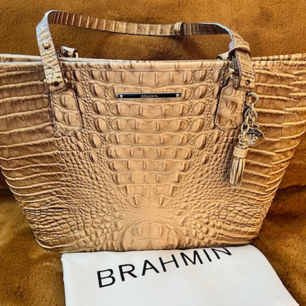 BRAHMIN Melbourne Collection Crocodile Embossed Toasted Almond Medium Asher Tote